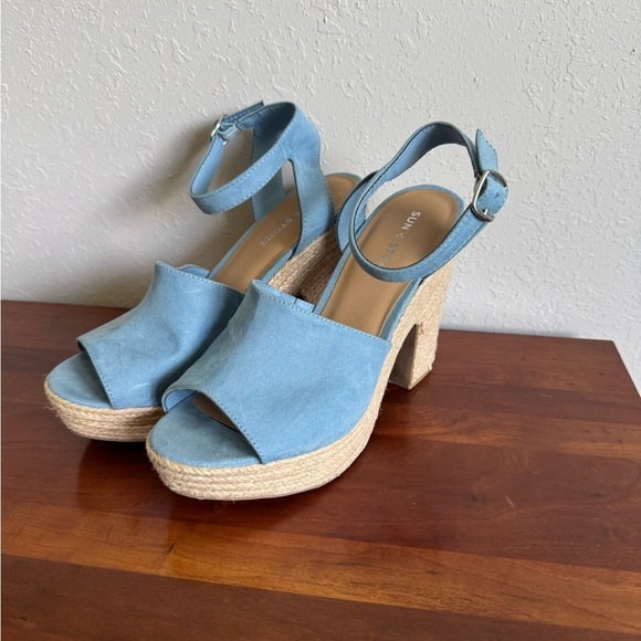 Sun + Stone Light Blue SS Fey Espadrille Strappy Chunky Heel Womens 9.5 Coquette - Picture 3 of 8